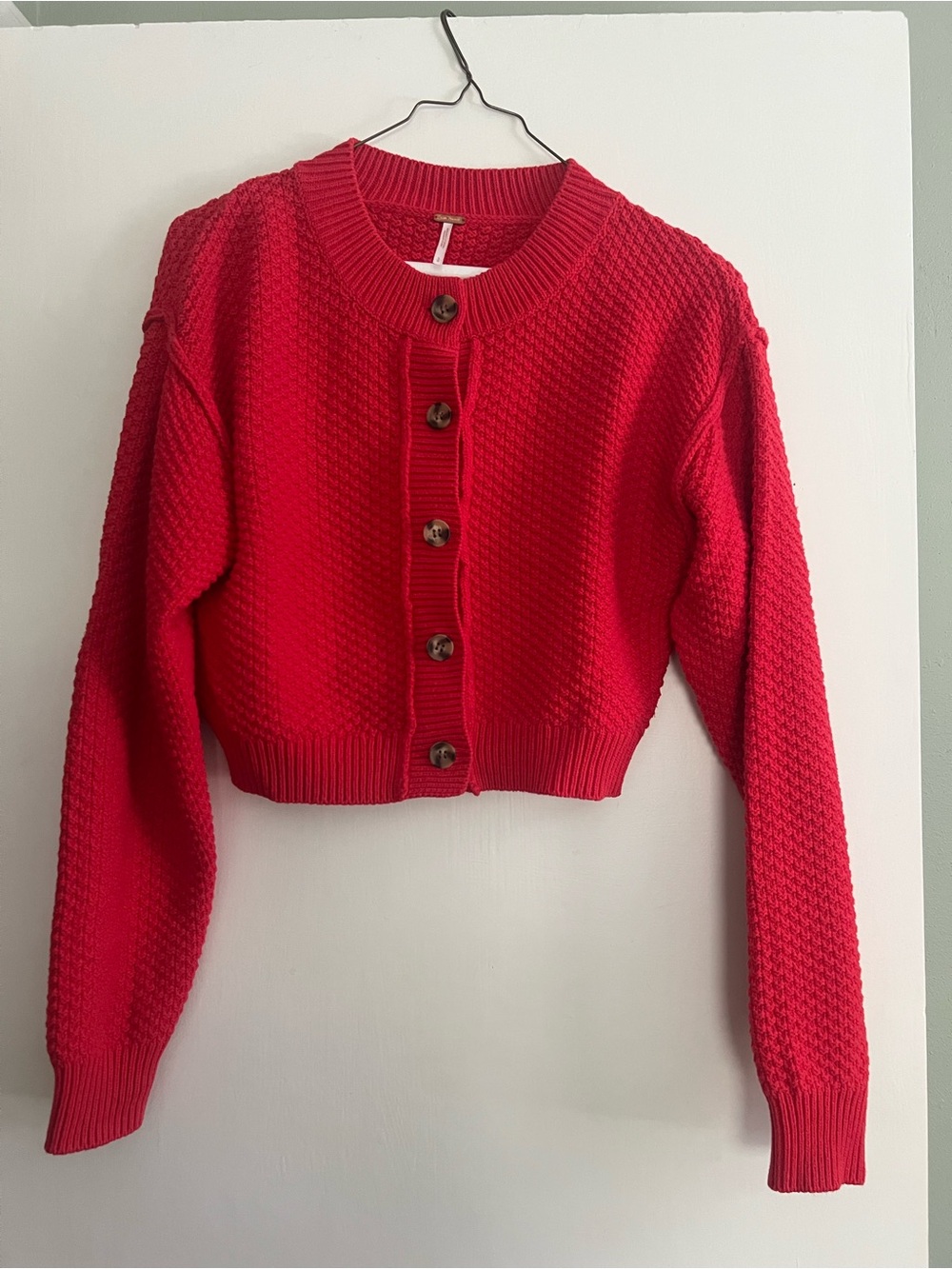 Free People Bright Red Cropped Button Cardigan